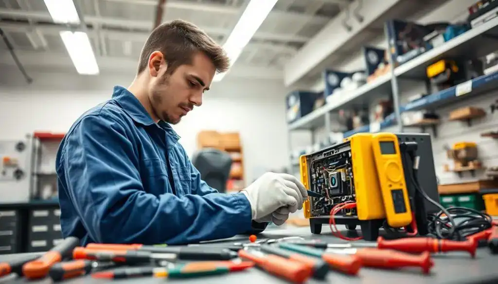 A professional repair technician, dressed in a neat blue uniform and protective gloves, examines a complex electronic device on a workbench. In the foreground, various tools like screwdrivers, pliers, and a multimeter are organized neatly, reflecting attention to detail. The middle ground features the technician focused on carefully inspecting the circuitry, emphasizing precision in the repair process. In the background, there’s a well-lit workshop with shelves of spare parts and tools, creating an organized and efficient atmosphere. Bright fluorescent lighting enhances clarity, and the image is captured at a slightly low angle to highlight the technician's concentration. The mood is serious yet focused, showcasing professionalism and dedication to quality in repair services.