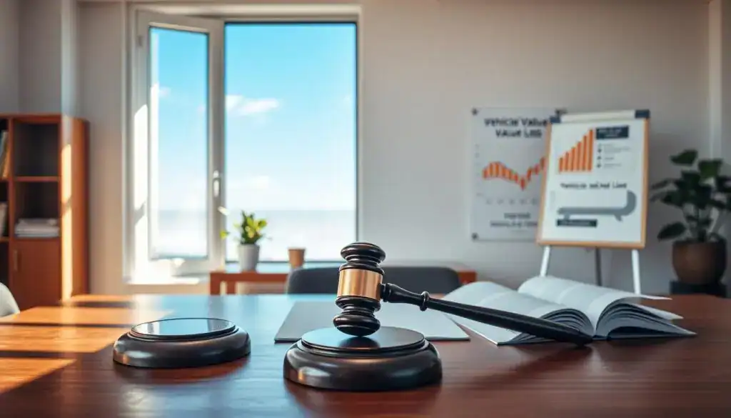 A professional, serene office setting as the foreground, featuring a polished wooden desk with legal documents and a gavel, representing legal proceedings related to vehicle depreciation. In the middle ground, a large open window revealing a clear blue sky provides natural light that casts gentle shadows, enhancing the atmosphere of professionalism and clarity. In the background, a whiteboard with charts illustrating vehicle value decline, elegantly framed with plants for a touch of warmth. The scene captures a sense of gravity yet also hope—conveying the importance of understanding legal implications surrounding vehicle value loss after an accident. The lighting is soft, creating a balanced and focused environment. The image should evoke a mood of authority and contemplation.