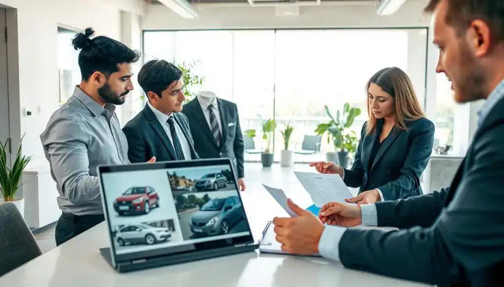 A professional setting depicting an insurance company office with representatives discussing vehicle valuation. In the foreground, a diverse group of three professionals in business attire—two men and one woman—examines a document on a table, deep in conversation. The woman gestures towards a laptop showing car damage images, illustrating a vehicle assessment process. In the middle, a clear glass wall showcases a waiting area with a few chairs and potted plants, while a large window reveals a bright, sunny day outside. The background features a modern office design, with neutral colors and sleek furniture, creating an atmosphere of professionalism and collaboration. Soft natural light filters in, enhancing the scene's clarity and focus. The overall mood is serious but approachable, reflecting the importance of working with insurance companies after an accident.