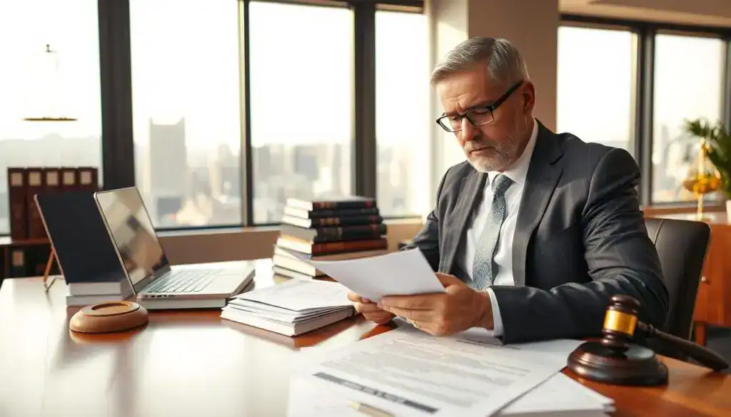 A professional setting focused on insurance law. In the foreground, a well-dressed insurance adjuster, a middle-aged person wearing a formal suit, is studying legal documents on a polished wooden desk, with a serious expression. The middle layer features stacks of law books and a laptop displaying insurance policy details. In the background, a large window offers a view of a city skyline under soft afternoon light, enhancing the atmosphere of professionalism and diligence. The scene is illuminated by warm, natural light, casting subtle shadows that create depth. The mood is focused and analytical, showcasing the importance of legal regulations in the insurance industry.