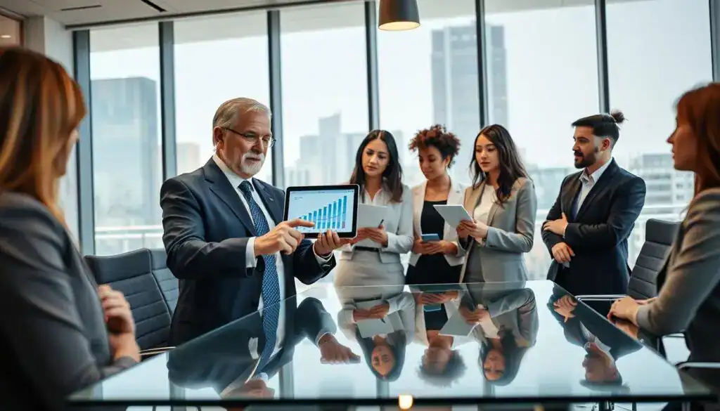 A professional setting illustrating the concept of "zasady ograniczania szkody," featuring a diverse group of business professionals engaged in a collaborative discussion. In the foreground, a middle-aged man in a suit is pointing at a digital tablet displaying graphs, while a young woman in smart casual attire is taking notes. The middle layer shows a modern conference room with a sleek glass table and ergonomic chairs. In the background, large windows let in natural light, with city buildings visible outside, conveying a sense of innovation and progress. The atmosphere is one of focused engagement and proactive problem-solving, with soft, warm lighting to enhance a welcoming mood. The composition emphasizes teamwork and responsible decision-making in business.