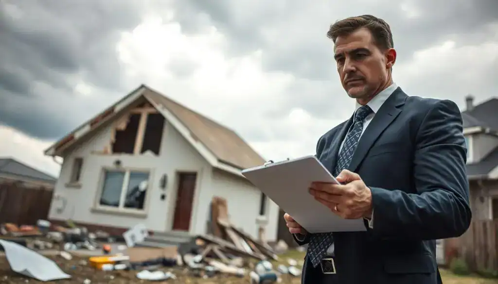 A professional setting showcasing a property damage inspection scene for insurance purposes. In the foreground, a serious-looking insurance adjuster in business attire examines a home’s damage, holding a clipboard and pen, with focused determination on their face. The middle ground features a residential property with visible signs of damage, such as cracked walls and a broken window, surrounded by debris and tools for assessment. In the background, a cloudy sky adds a sense of urgency and tension, while soft, diffused lighting highlights the adjuster and the damage, creating a professional and somber atmosphere. The perspective is slightly tilted from a low angle, emphasizing the adjuster’s role in evaluating the property’s market value amidst the damage.