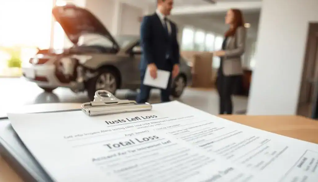 A professional setting showcasing an automobile accident scene, where a damaged car is parked to one side. In the foreground, a close-up of a clipboard with detailed insurance claims and legal documents, reflecting "total loss" assessments. In the middle, an insurance agent in a tailored business suit is discussing with a client, both looking engaged and serious about the claims process. The background features a blurred office environment with soft, natural lighting streaming in through large windows, creating a warm and informative atmosphere. Capture the seriousness of the discussion and the importance of legal interpretations regarding vehicle value and repairs. Use a slightly elevated angle to enhance perspective and focus on the interactions.