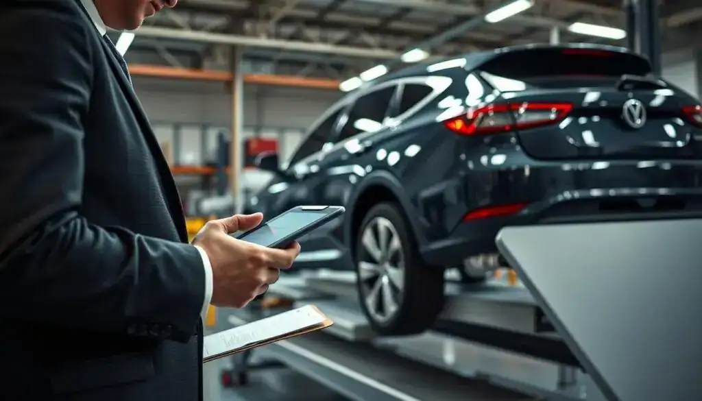 A professional vehicle valuation scene before a damage assessment, featuring a well-dressed insurance adjuster examining a car in a bright automotive workshop. In the foreground, a detailed view of the adjuster using a tablet to record information, dressed in a crisp suit. The middle ground includes the car—sparkling clean, parked on a raised inspection platform—with a clipboard and measuring tools nearby. The background reveals tools and equipment used for vehicle inspections, with soft, focused lighting illuminating the scene to emphasize clarity and professionalism. The atmosphere is serious yet calm, suitable for a detailed assessment, with a blend of natural and artificial light to provide a balanced and inviting environment.