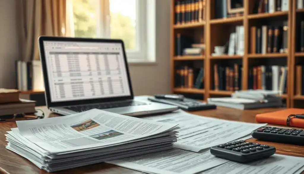 A well-organized desk scene focused on documenting a damage claim under § 249 BGB. In the foreground, there is a neatly arranged stack of papers, including a detailed damage report, photographs of the damaged item, and receipts. In the middle ground, an open laptop displays a spreadsheet with cost calculations, and a calculator is nearby. The background shows a soft-focus bookshelf filled with legal books and reference materials, casting a scholarly atmosphere. Natural light streams through a window, casting gentle shadows and creating a professional and calm mood. The overall composition emphasizes clarity and order, reflecting the importance of meticulous documentation in the context of damage claims.