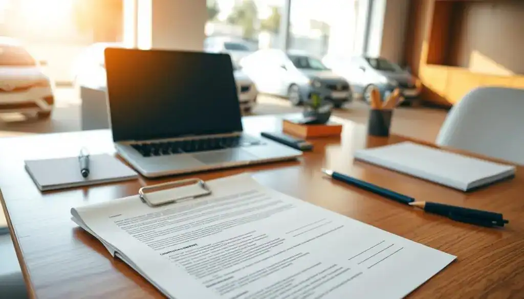 A well-organized office scene depicting a rental car agreement prominently displayed on a polished wooden desk. In the foreground, the agreement is neatly spread open, featuring clear text and a signature line, hinting at the importance of insurance in car rentals. In the middle ground, a tasteful laptop and modern stationery complement the document, symbolizing a professional atmosphere. The background reveals a window with a view of parked rental cars under bright daylight, illuminating the scene in a soft, warm glow. The overall mood is one of clarity and professionalism, emphasizing the rationale behind reasonable costs in car rentals, with the use of natural light enhancing the focus on the insurance aspects of the agreement.