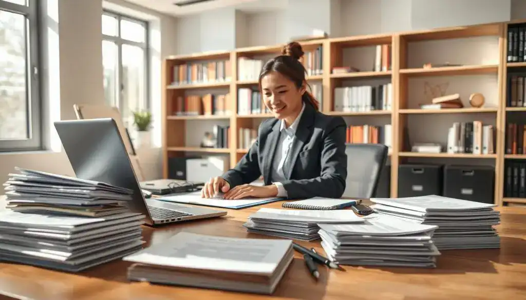 A well-organized office space featuring a professional individual seated at a modern desk, diligently working on documentation. The foreground includes a laptop, stacks of neatly arranged papers, and a variety of stationery items such as pens and a notepad. In the middle, the person, dressed in professional business attire, is focused on typing, with a slight smile of concentration on their face. The background showcases bookshelves filled with reference materials and a large window allowing natural light to flood the room, creating a bright and inviting atmosphere. Soft shadows enhance the scene, highlighting the professionalism and dedication to thorough documentation. The overall mood is one of productivity, efficiency, and a sense of empowerment.