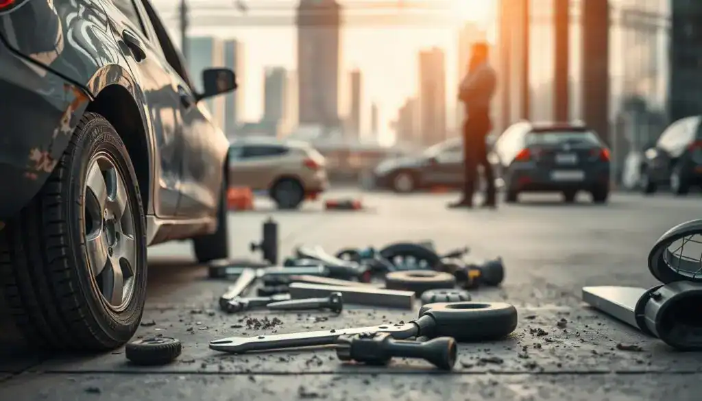 An abstract representation of vehicle benefit loss, focusing on a broken-down car in the foreground. The car should be depicted with visible mechanical issues, emphasizing rust and a flat tire. In the middle ground, show tools and car parts scattered about, symbolizing the repair process, with a mechanic in professional attire examining the car, contemplating the repair time required. In the background, a blurred cityscape suggests urgency and the need for reliable transportation. The lighting is soft and natural, with a warm glow, creating a thoughtful atmosphere. Use a wide-angle shot to capture the entirety of the scene, highlighting the contrast between a broken vehicle and a busy city life.