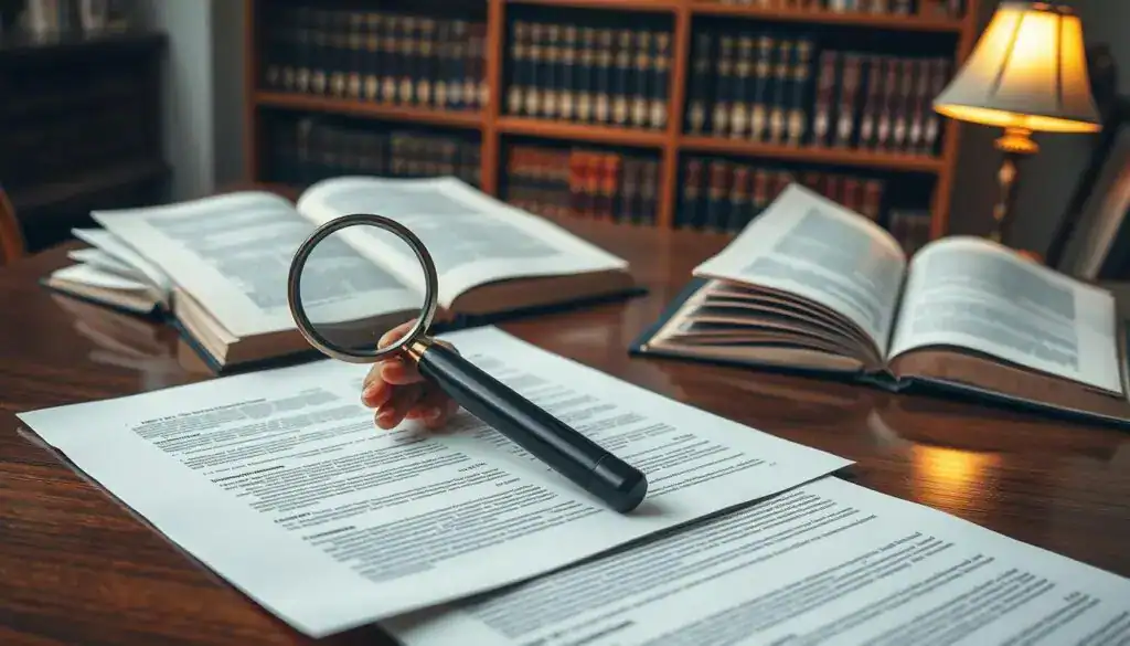 An intricately designed legal document lying on a polished wooden desk, symbolizing legal principles concerning depreciation. In the foreground, a pair of professional business hands holding a magnifying glass, examining the text closely. In the middle ground, several open law books, some highlighting paragraphs, demonstrating scholarly engagement with market value loss topics. In the background, a well-stocked bookshelf containing legal literature and a softly lit lamp providing warm light, creating a scholarly atmosphere. The scene is captured from a slightly elevated angle, emphasizing the importance of the documents while maintaining clarity. The mood is serious and contemplative, inviting thought about the complexities of market depreciation. The color palette includes deep browns and warm golds, with a focus on clarity and professionalism.