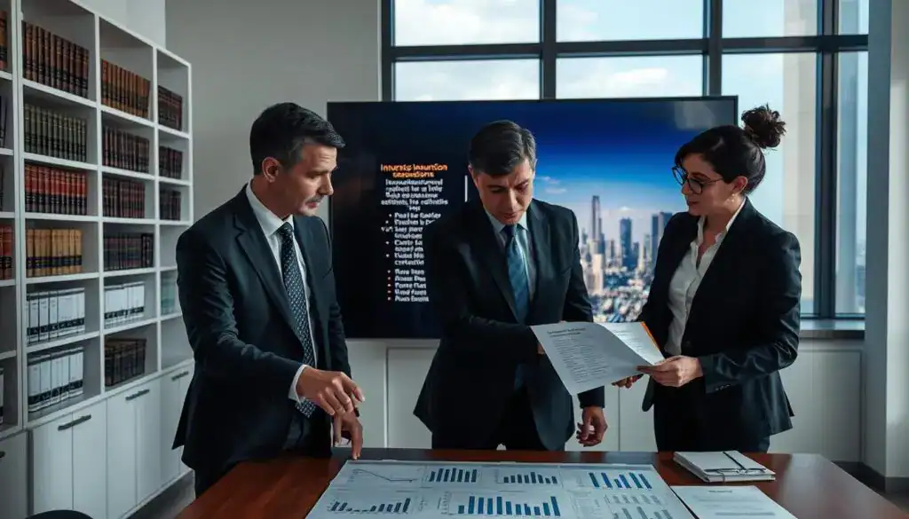 A professional setting for a legal verification of an insurance decision, featuring a group of diverse experts analyzing documents and data. In the foreground, two professionals in smart business attire discuss and point at a complex chart on a table, showcasing graphs and statistics related to insurance decisions. In the middle, a large screen displays key legal terms and case references, dimly lit for focus. The background features shelves filled with law books, and a window showing a city skyline under a clear blue sky. Soft, ambient lighting conveys a serious yet collaborative mood, with a subtle depth of field that draws attention to the experts' intense focus on their analysis. A professional setting for a legal verification of an insurance decision, featuring a group of diverse experts analyzing documents and data. In the foreground, two professionals in smart business attire discuss and point at a complex chart on a table, showcasing graphs and statistics related to insurance decisions. In the middle, a large screen displays key legal terms and case references, dimly lit for focus. The background features shelves filled with law books, and a window showing a city skyline under a clear blue sky. Soft, ambient lighting conveys a serious yet collaborative mood, with a subtle depth of field that draws attention to the experts' intense focus on their analysis.