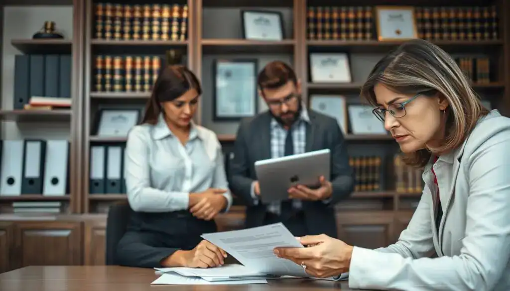 An office setting illustrating "legal verification of decisions", with a focus on a diverse group of professionals. In the foreground, a middle-aged woman in professional attire is seated at a desk, reviewing documents with a furrowed brow, symbolizing diligence. The middle layer features two colleagues, a man and a woman, standing beside her, discussing insights over a laptop, conveying collaboration and analysis. The background includes a bookshelf filled with legal texts and certificates, enhancing the theme of legal expertise. Soft, diffused lighting bathes the scene for a serious yet approachable atmosphere. The image is taken at a slightly elevated angle to capture the interactions, highlighting the importance of consulting a lawyer in decision-making processes. An office setting illustrating "legal verification of decisions", with a focus on a diverse group of professionals. In the foreground, a middle-aged woman in professional attire is seated at a desk, reviewing documents with a furrowed brow, symbolizing diligence. The middle layer features two colleagues, a man and a woman, standing beside her, discussing insights over a laptop, conveying collaboration and analysis. The background includes a bookshelf filled with legal texts and certificates, enhancing the theme of legal expertise. Soft, diffused lighting bathes the scene for a serious yet approachable atmosphere. The image is taken at a slightly elevated angle to capture the interactions, highlighting the importance of consulting a lawyer in decision-making processes.